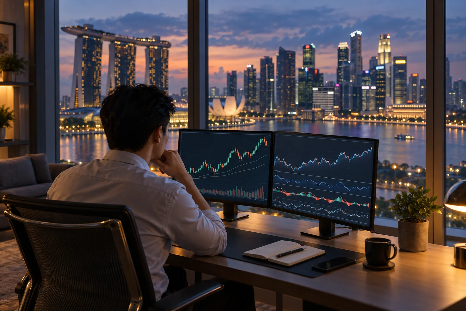 Best prop firms for traders in Singapore: a trader at a desk in a Singapore apartment with charts on two screens and the Marina Bay skyline lit up at dusk