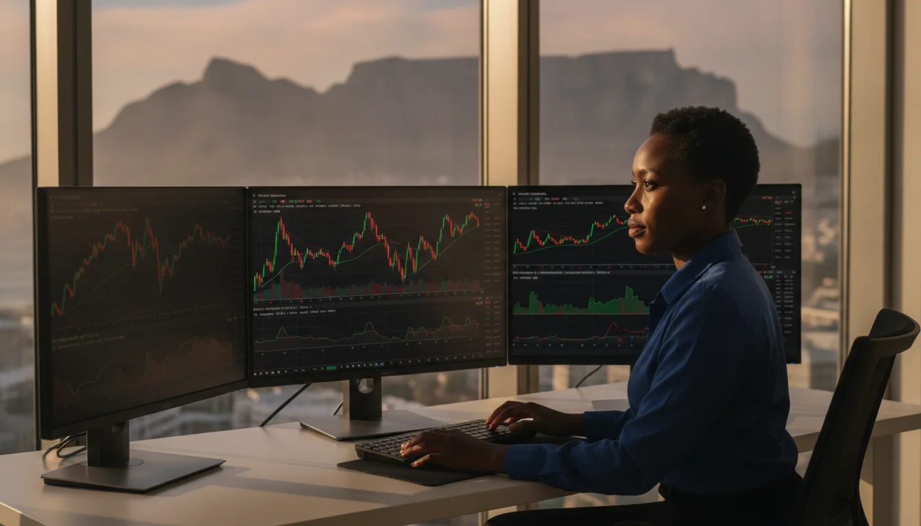Best prop firms for traders in South Africa, a trader at a desk with trading charts and a soft skyline suggestive of a South African city in the background