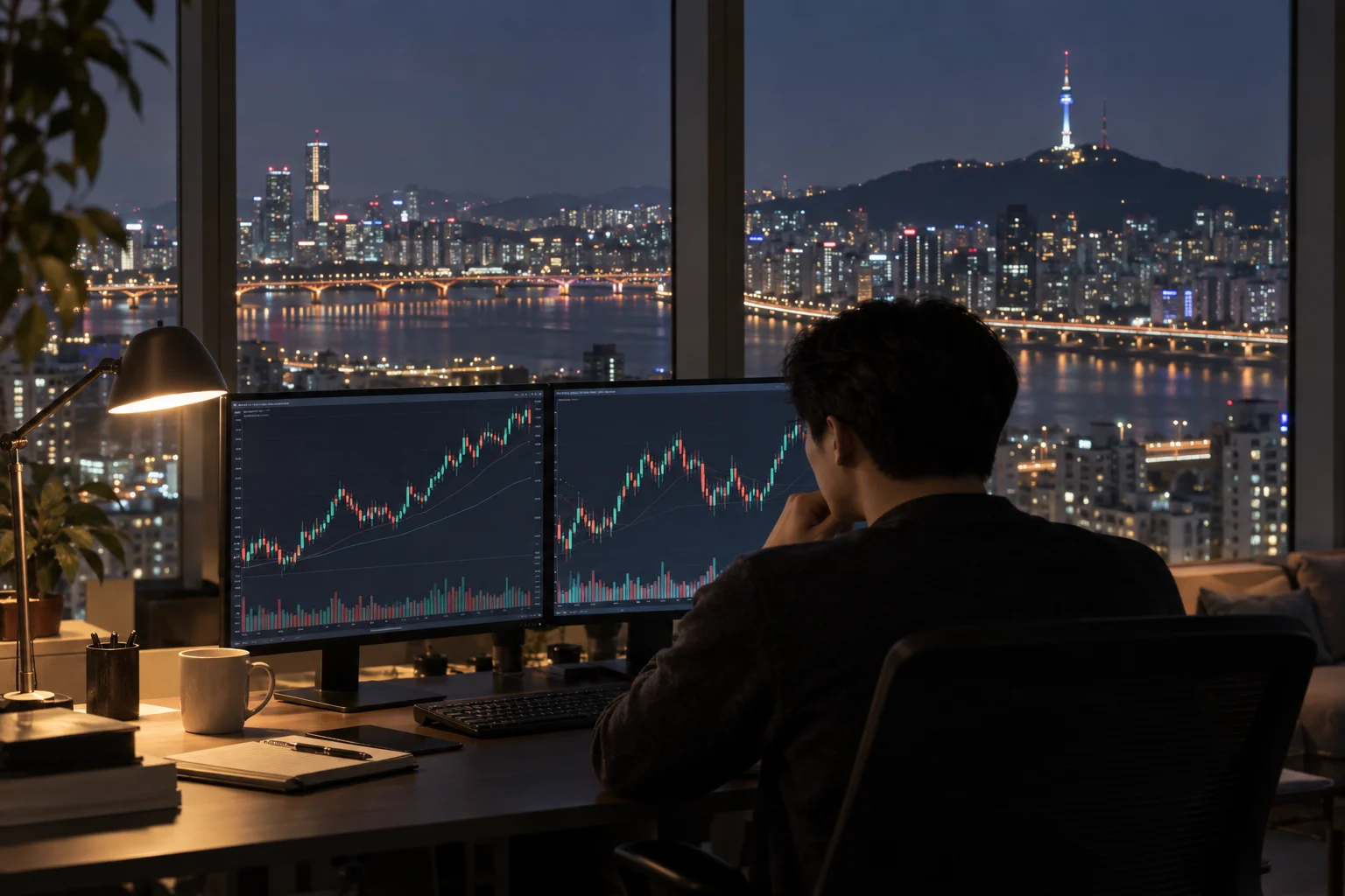 Best prop firms for traders in South Korea: a trader at a desk in a Seoul high-rise at night, charts on two screens, N Seoul Tower and the Han River bridges lit outside