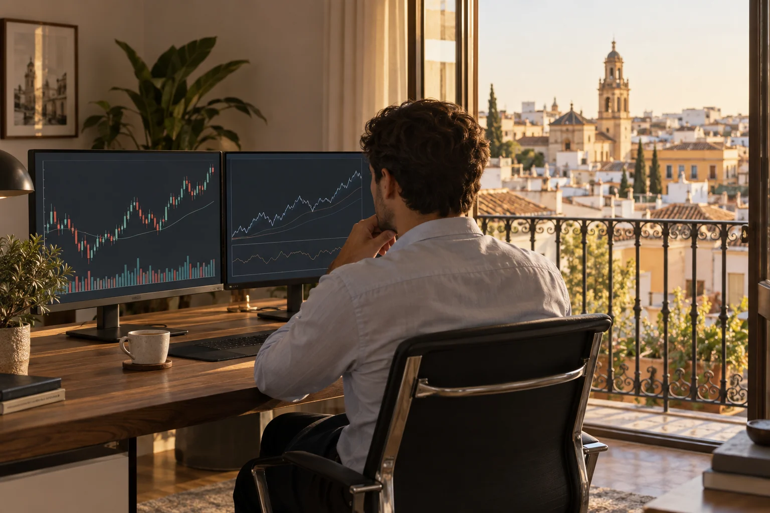 Best prop firms for traders in Spain: a trader at a desk in a Spanish city apartment with charts on two screens and tiled rooftops and a bell tower outside the balcony