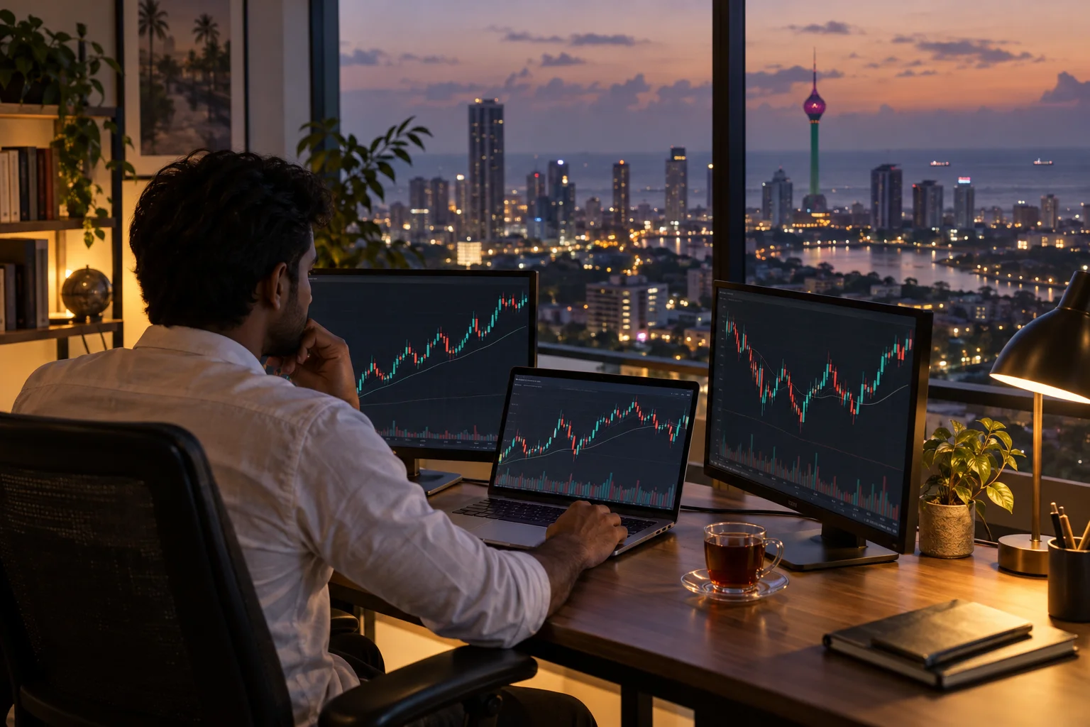 Best prop firms for traders in Sri Lanka: a trader at a desk in a Colombo apartment at dusk, charts on two screens and a laptop, city lights and the Lotus Tower outside