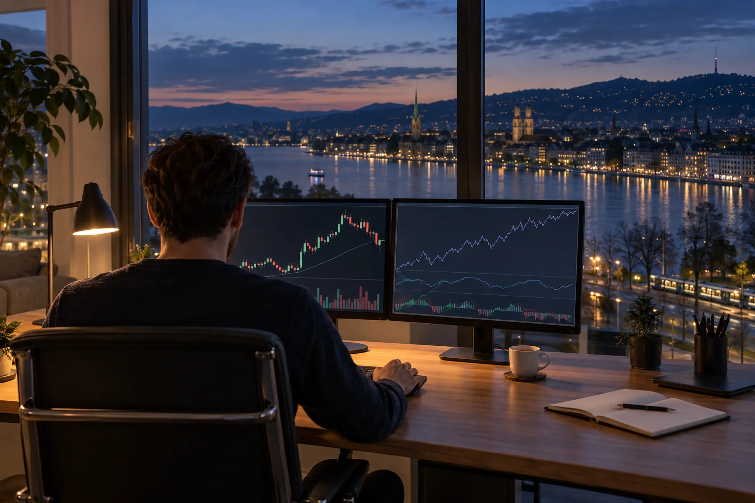 Best prop firms for traders in Switzerland: a trader at a desk in a Zurich apartment at dusk, charts on two screens and the lake and city lights outside
