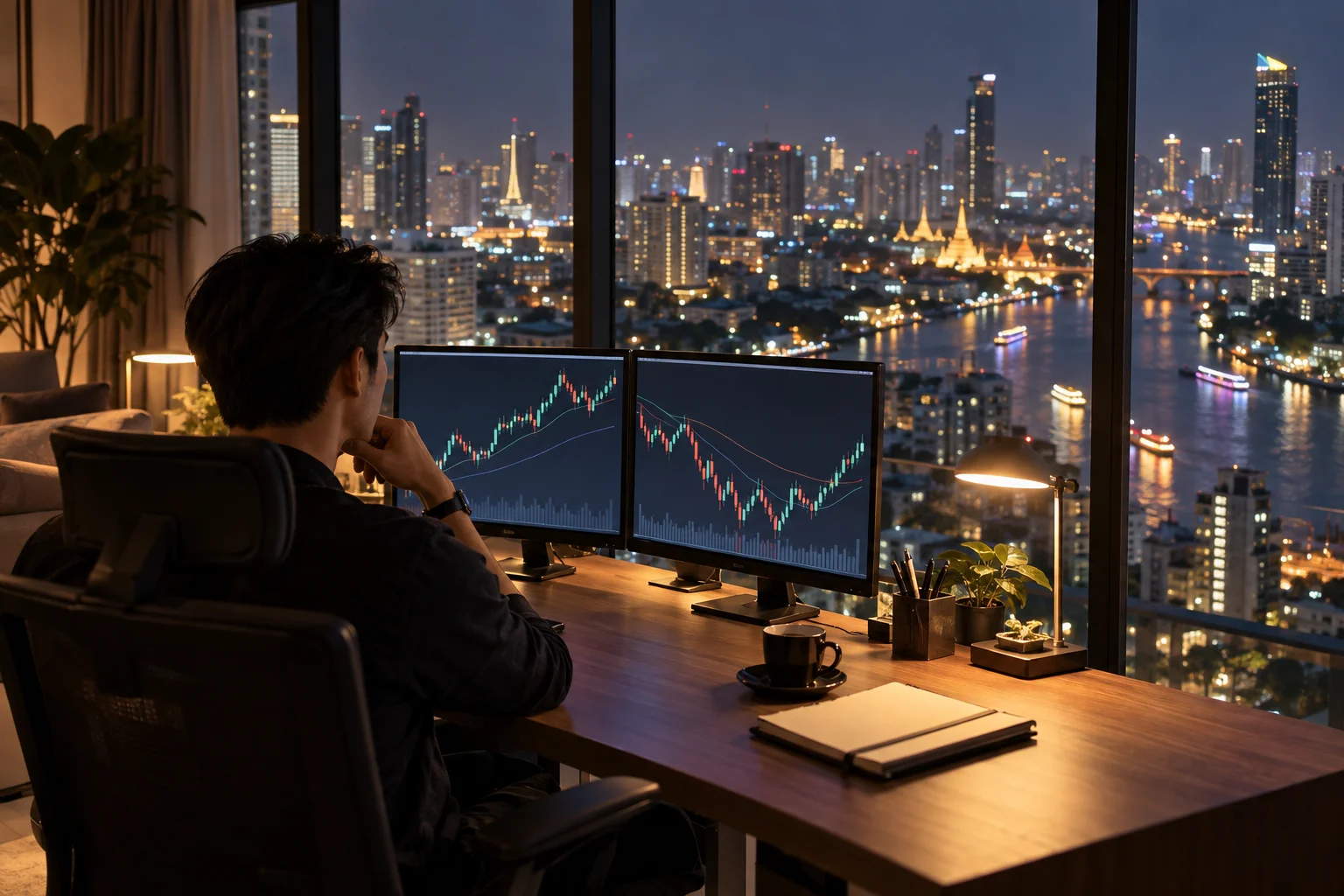 Best prop firms for traders in Thailand: a trader at a desk in a Bangkok high-rise apartment at night with charts on two screens and the city lights outside
