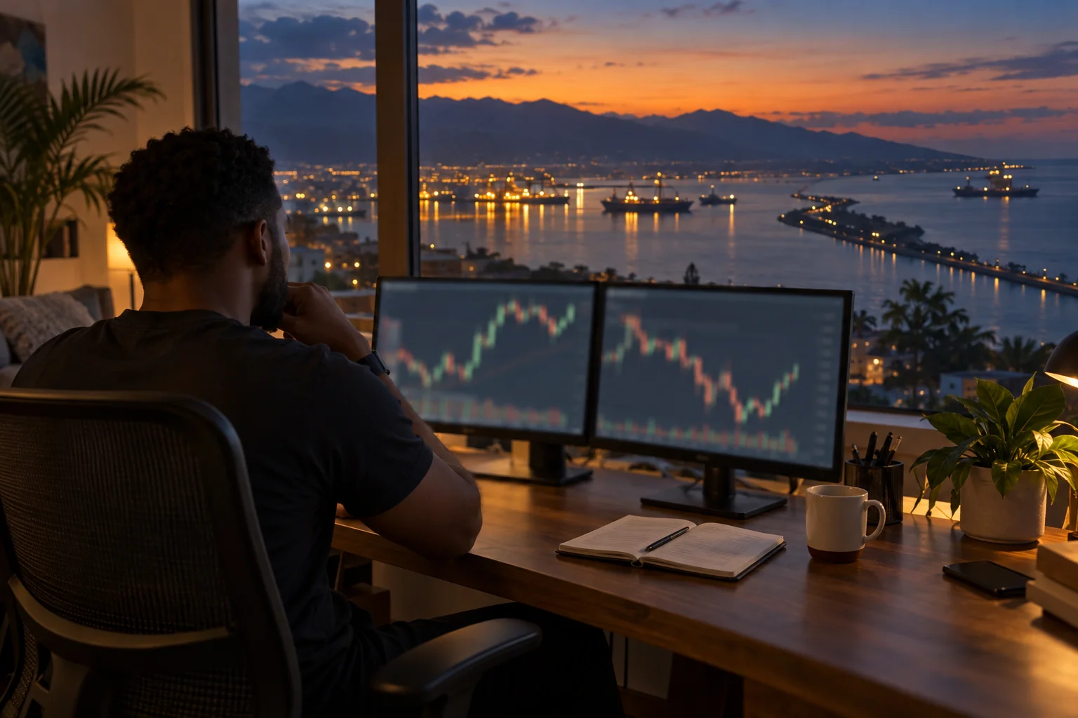 Best prop firms for traders in Jamaica and the Caribbean: a trader at a desk in a Kingston apartment at dusk, charts on two screens and the harbour lights outside