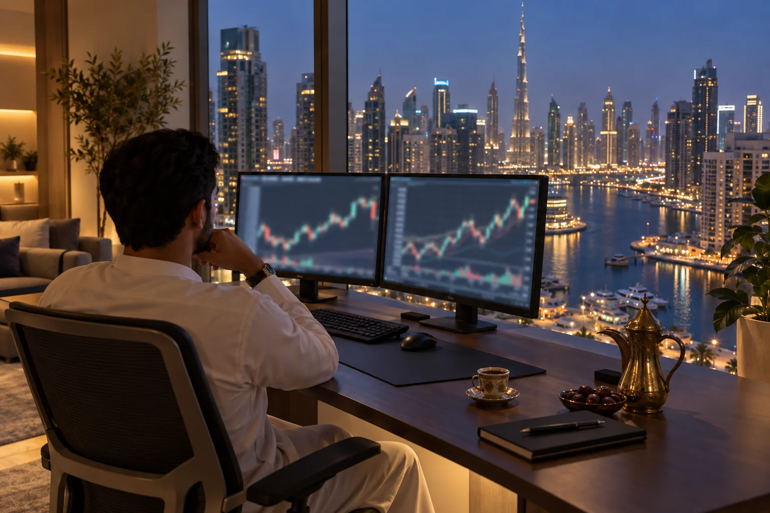 Best prop firms for traders in the Middle East: a trader at a desk in a Dubai apartment at dusk, charts on two screens and the city lights outside