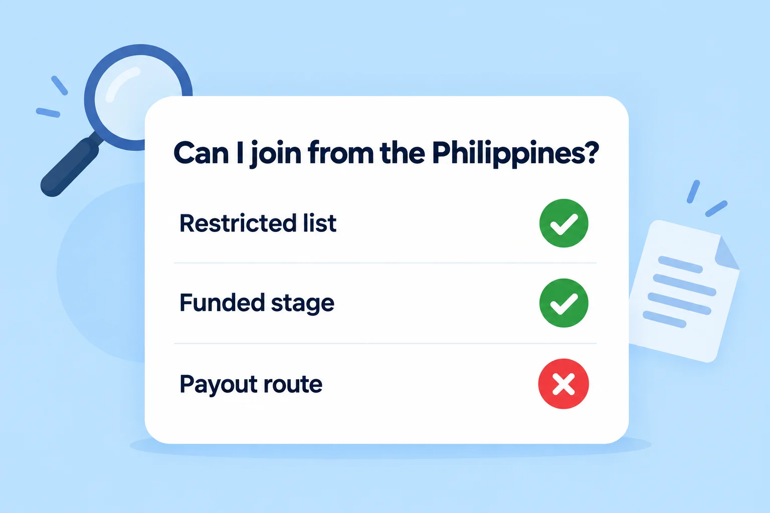 Can I join prop firms from the Philippines: a checklist card with ticks for restricted list and funded stage and a cross for payout route