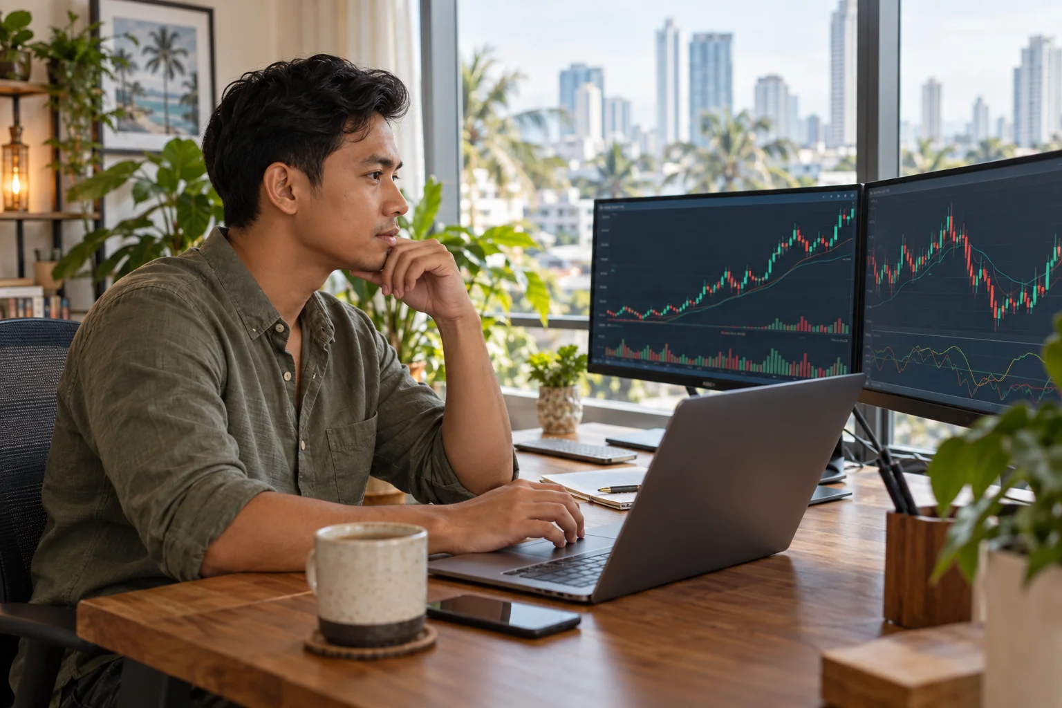 Best prop firms for traders in the Philippines: a trader at a desk in a bright home office with charts on two screens and city towers and palm trees outside