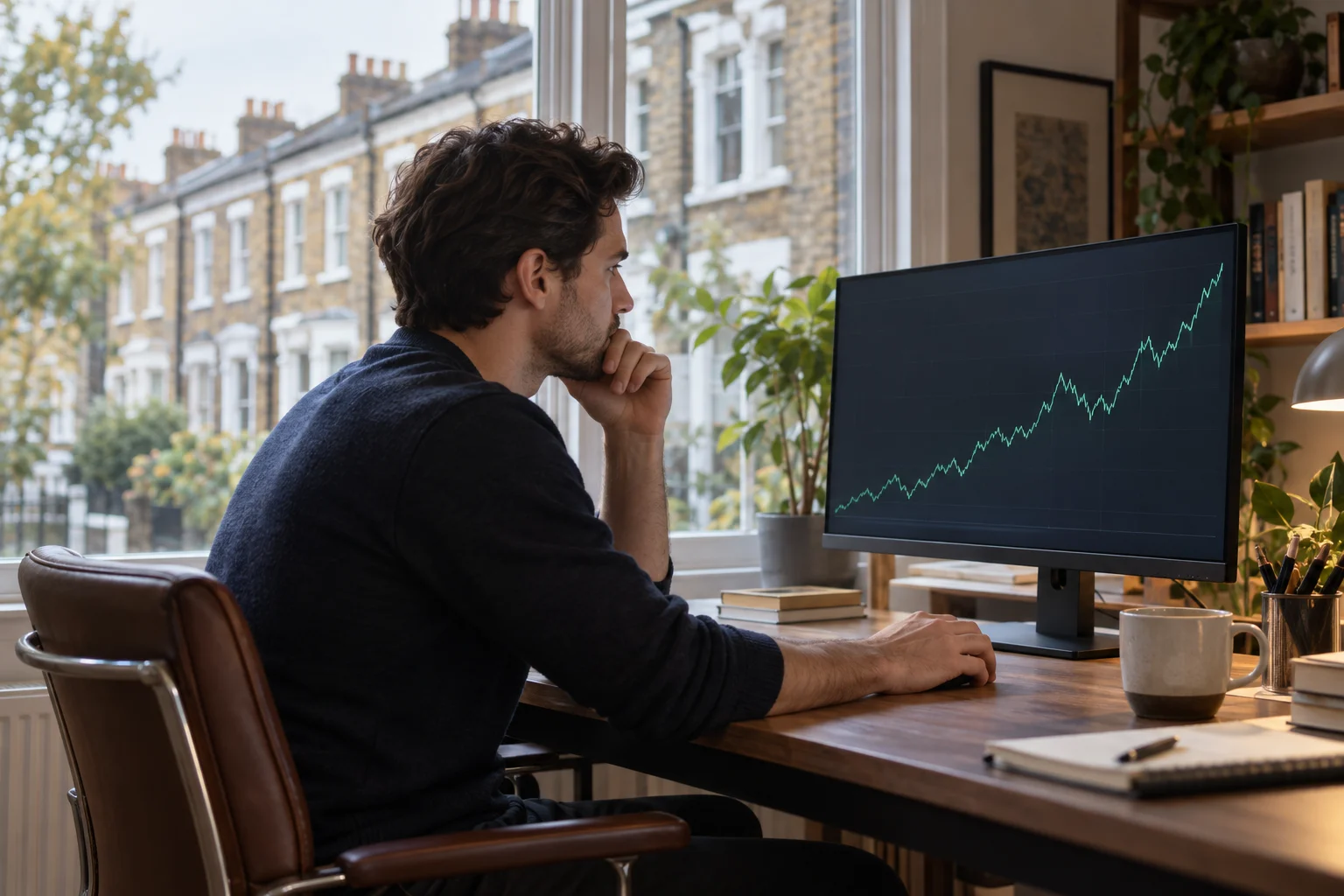 Best prop firms for traders in the UK, a trader at a desk by a window with a London terraced street outside
