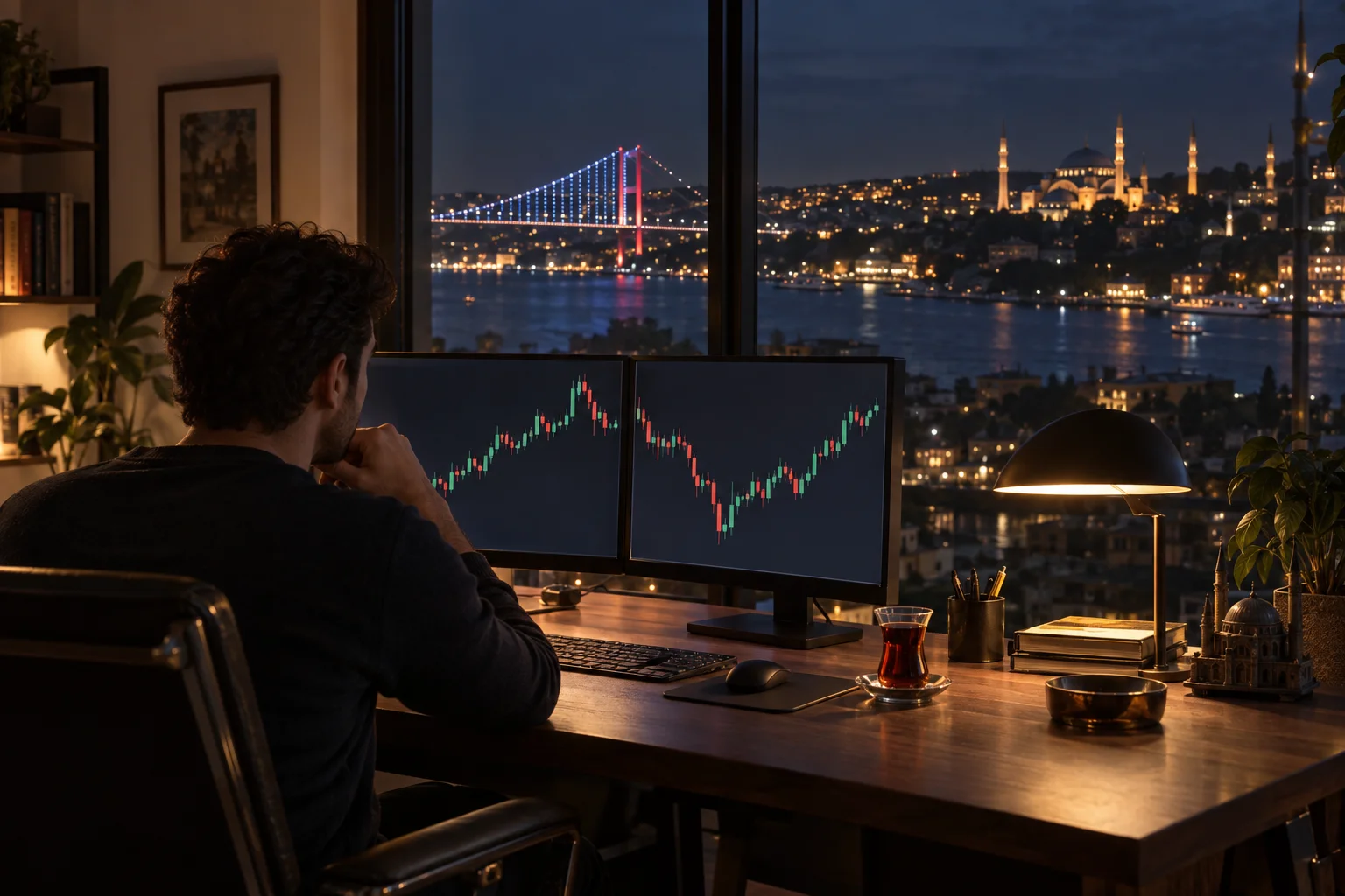 Best prop firms for traders in Turkey: a trader at a desk in an Istanbul apartment at night, charts on two screens and the Bosphorus lights outside