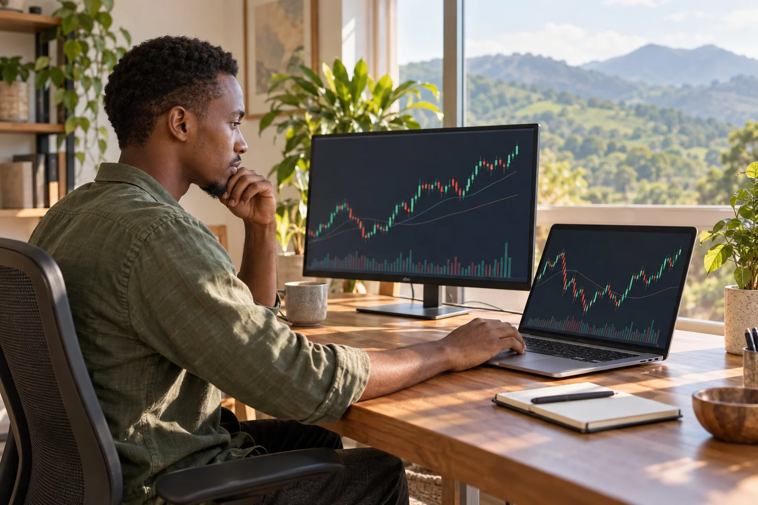 Best prop firms for traders in Uganda: a trader at a desk in a bright home office with price charts on a monitor and a laptop and green hills outside