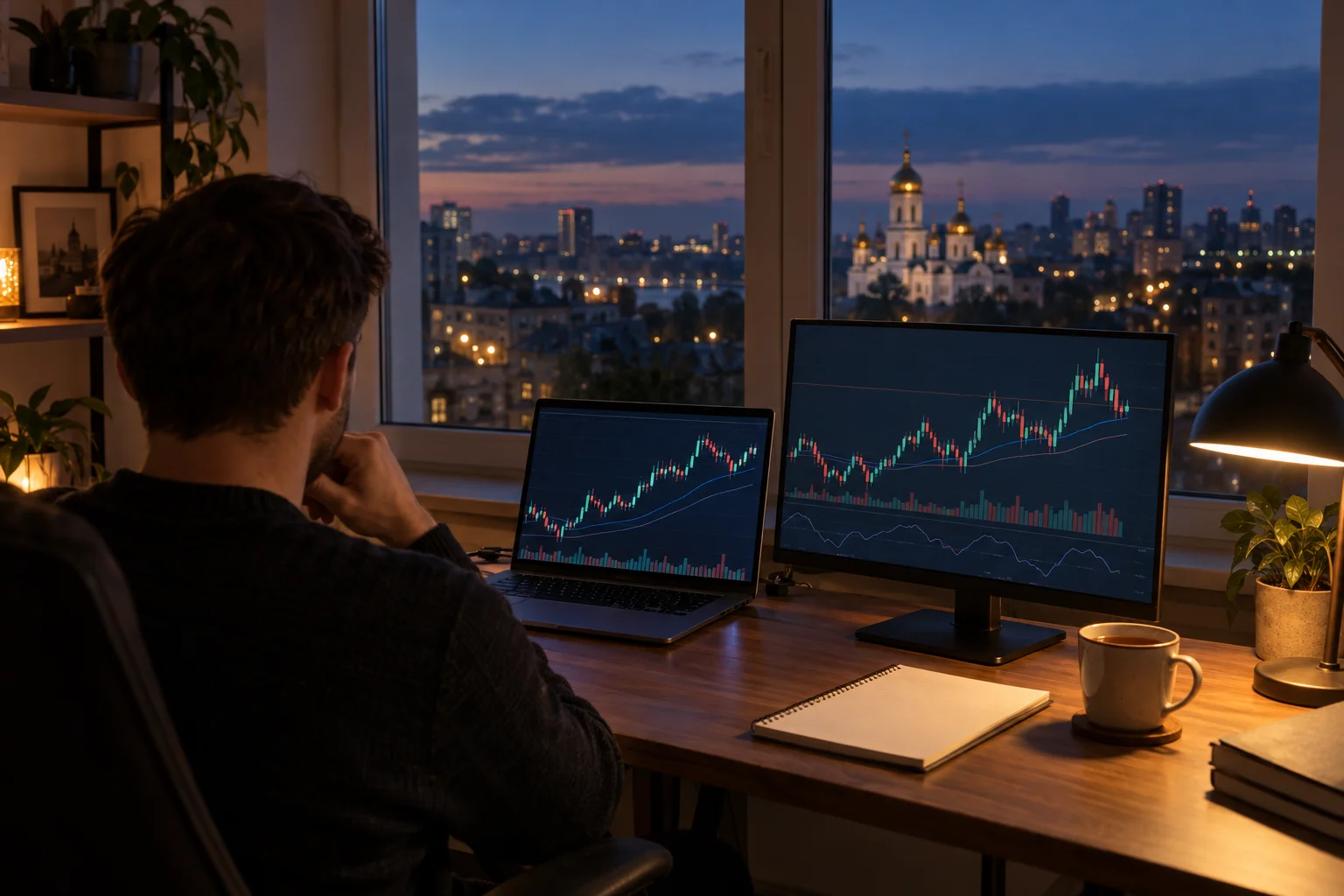 Best prop firms for traders in Ukraine: a trader at a desk in a Kyiv apartment at dusk, charts on a laptop and a monitor, city lights and a church dome outside