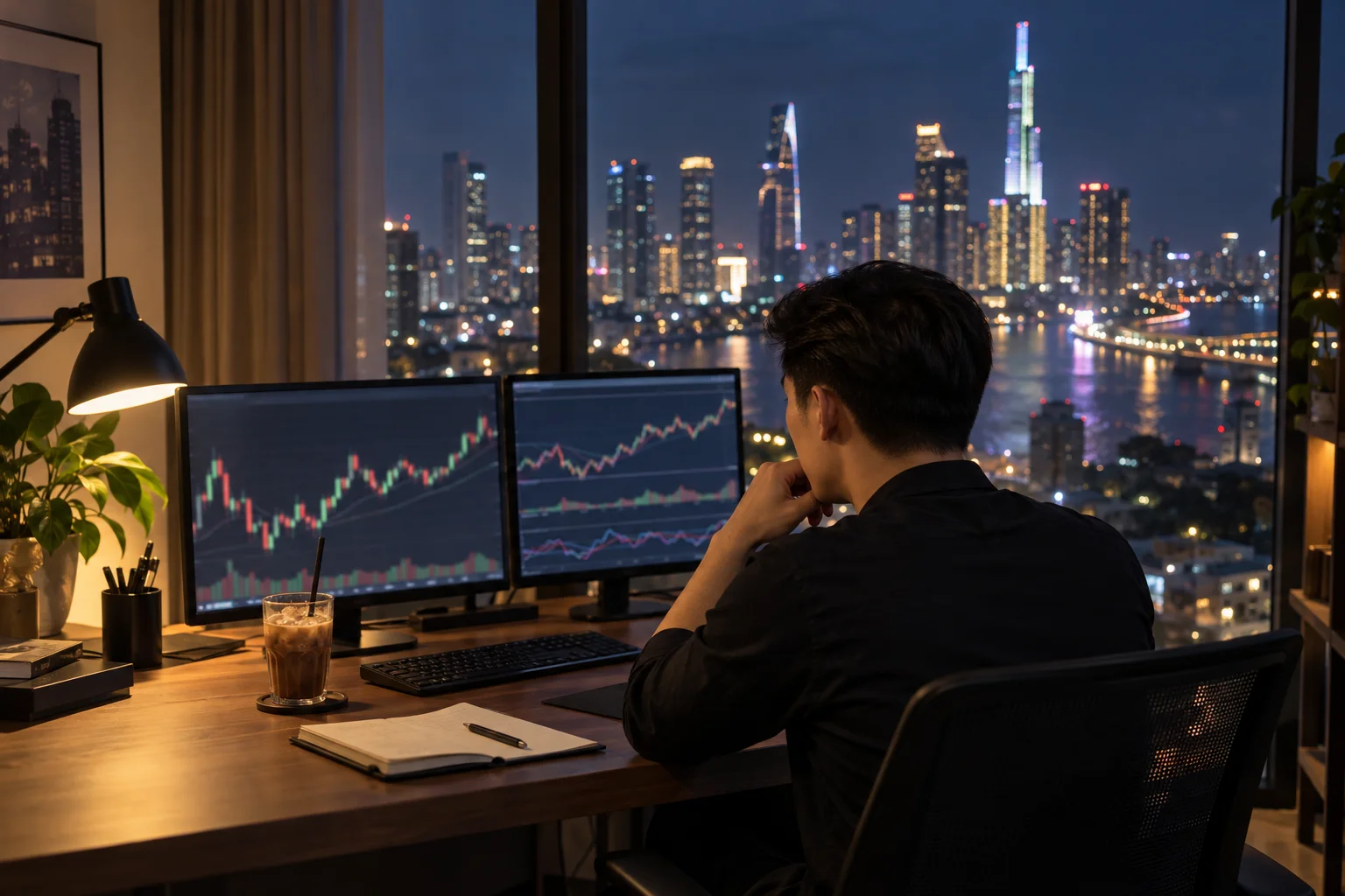 Best prop firms for traders in Vietnam: a trader at a desk in a Ho Chi Minh City apartment at night with charts on two screens and the city skyline and river lit up outside