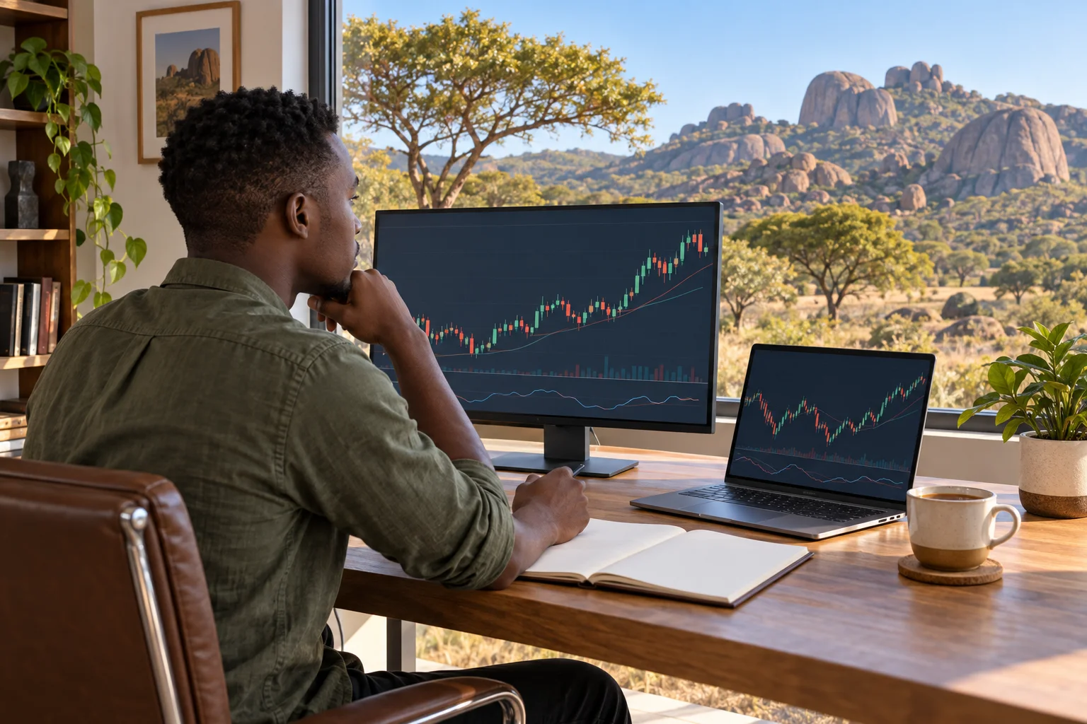 Best prop firms for traders in Zimbabwe: a trader at a desk in a bright home office with price charts on a monitor and a laptop, granite hills outside the window