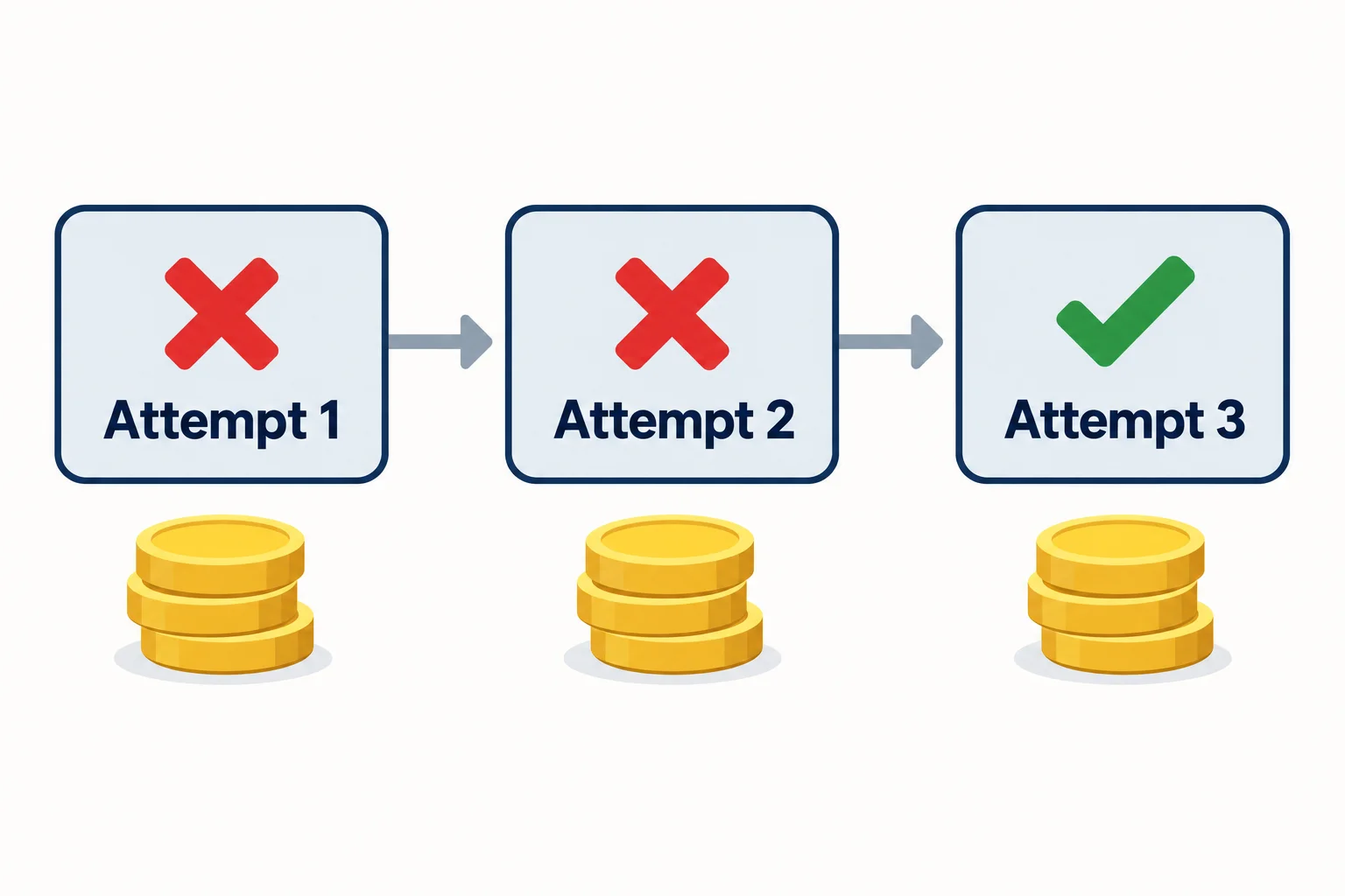 Prop firm challenge failed twice then passed: three attempt cards, the first two crossed out and the third ticked, each with a stack of coins