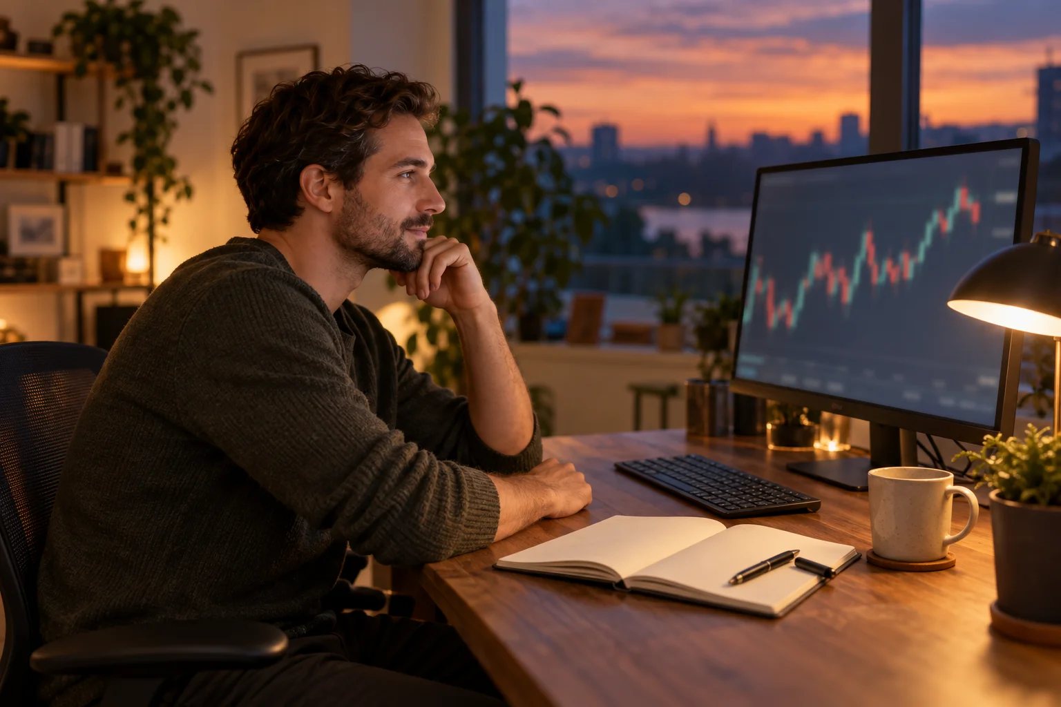 Best prop firms for traders who keep failing challenges: a calm trader at a desk in evening light looks at a chart before trying again