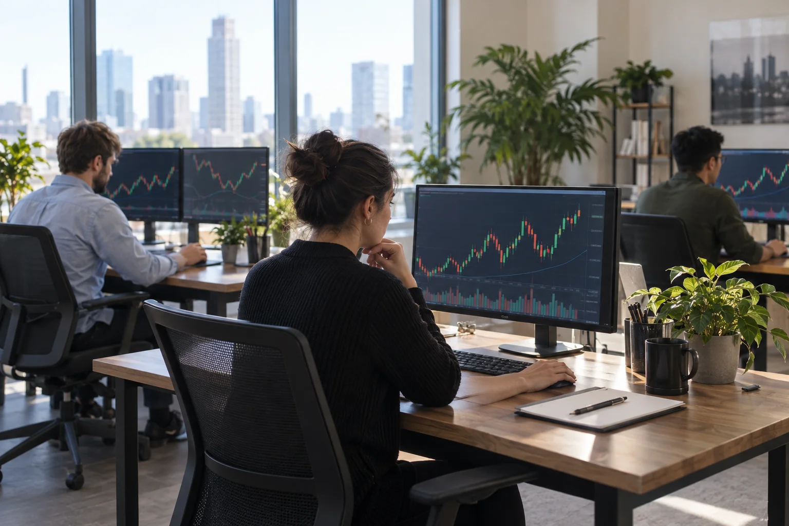 Best prop firms for trading teams: three traders at separate desks in a small office, each with their own monitors and charts