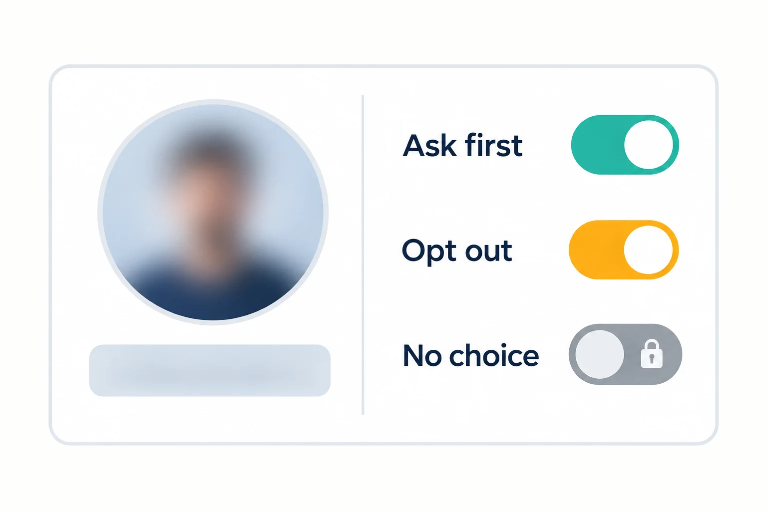 Prop firms for women traders and your public name: a profile card with three switches, Ask first, Opt out and No choice