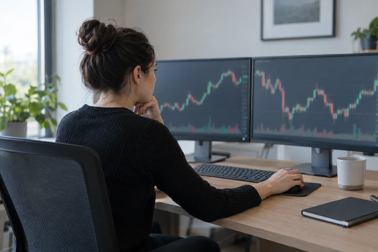 Best prop firms for women traders: a woman trader at a home office desk with two monitors showing candlestick charts