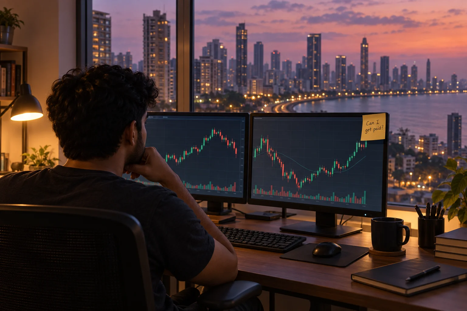 Prop firms in India: a trader at a home desk with candlestick charts and a sticky note asking Can I get paid?, a coastal city skyline at dusk behind
