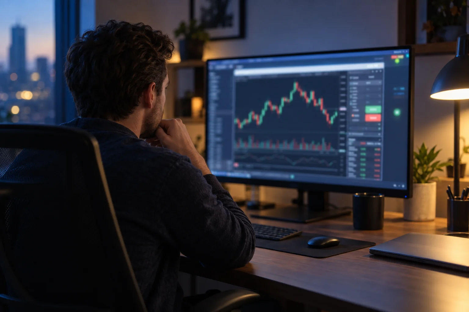 Prop firms offering a free VPS: a trader at a desk at dusk running a trading platform inside a remote desktop window