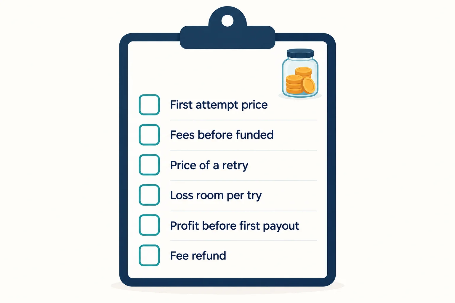 Small starting capital prop firm checklist: first attempt price, fees before funded, price of a retry, loss room per try, profit before first payout, fee refund
