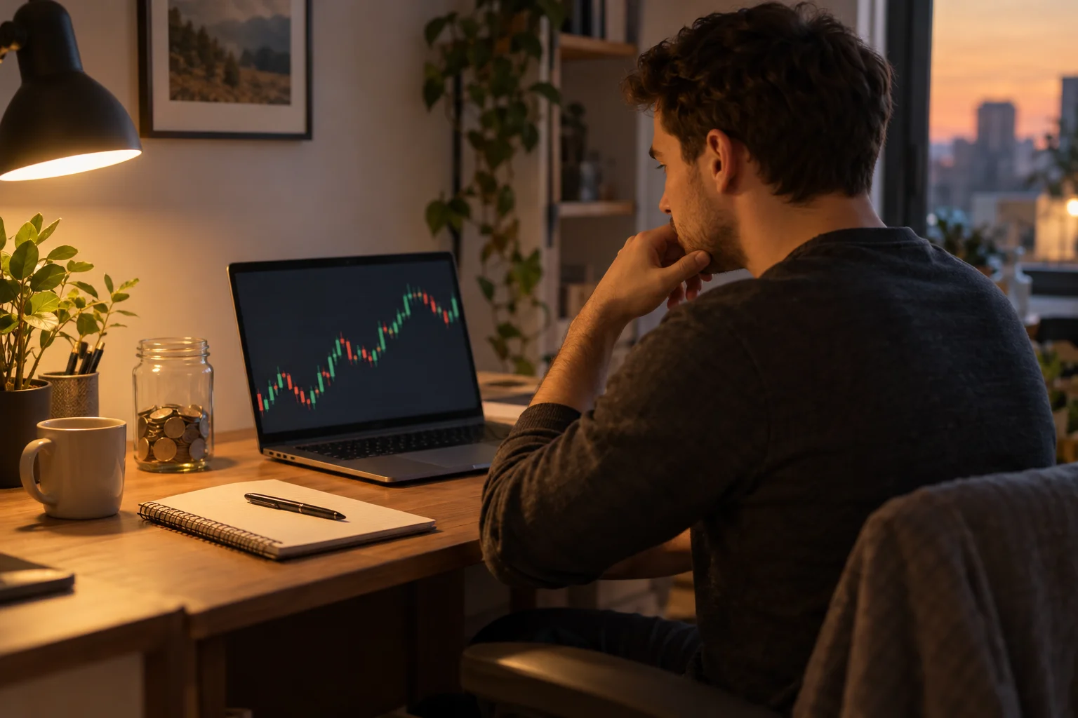 Best prop firms for small starting capital: a trader at a small home desk with a laptop chart and a jar of coins