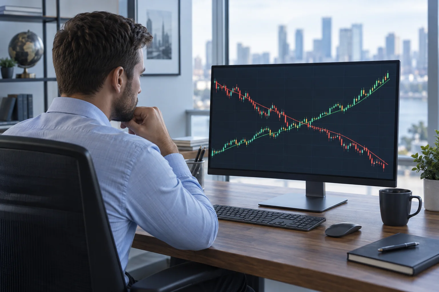 Prop firms that allow hedging shown as a trader watching opposing chart lines