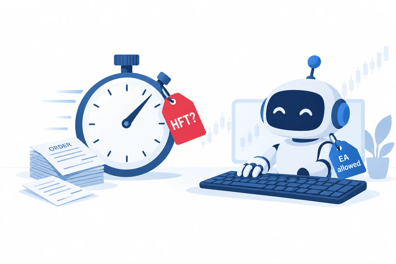 Where EAs and HFT stand at prop firms: a stopwatch tagged HFT question mark beside a robot running a keyboard tagged EA allowed