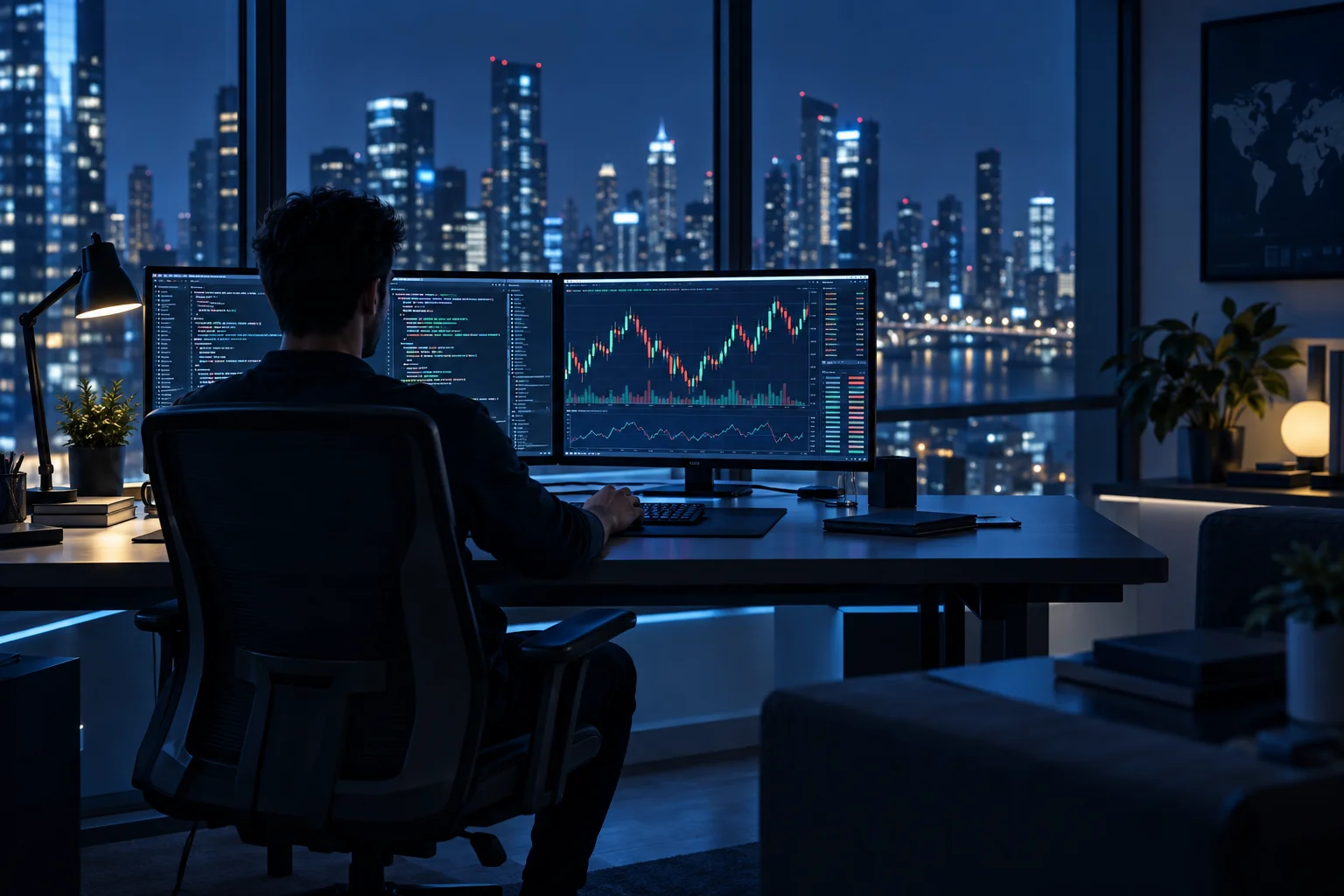 Best prop firms that allow HFT: an algorithmic trader at a desk at night with code and candlestick charts on dual monitors