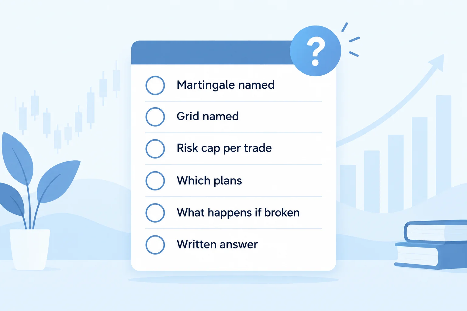 Checklist before trusting a prop firm's martingale and grid rule: name, cap, plans, consequence, written answer