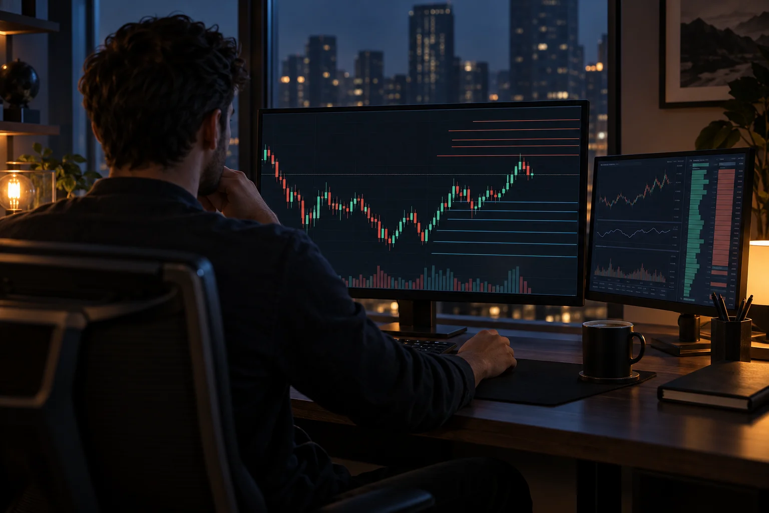 Martingale and grid trading at prop firms: a forex trader at a desk with stacked chart orders