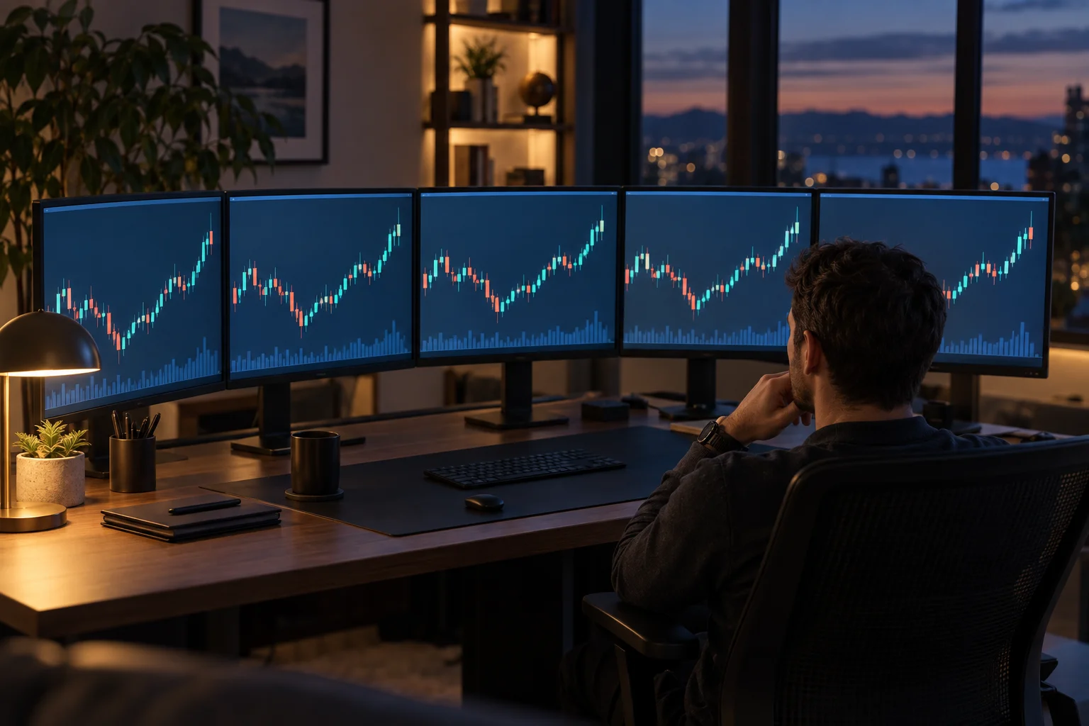 Prop firms that allow multiple accounts: a trader at a desk facing five monitors that show the same chart, one trade copied across several accounts
