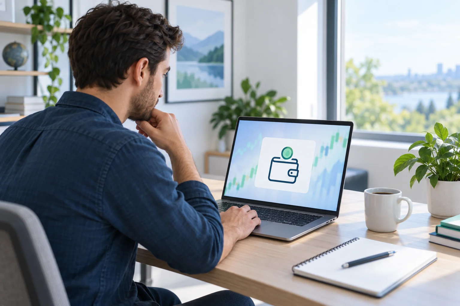 Prop firms that accept PayPal: a trader at a laptop with a generic wallet icon on screen, checking how to pay for a prop firm challenge