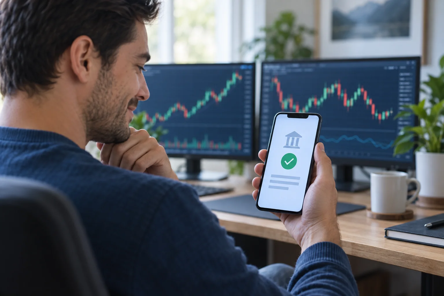 Prop firms that pay via bank transfer: a trader at a desk checks a bank deposit notification on a phone in front of two trading screens