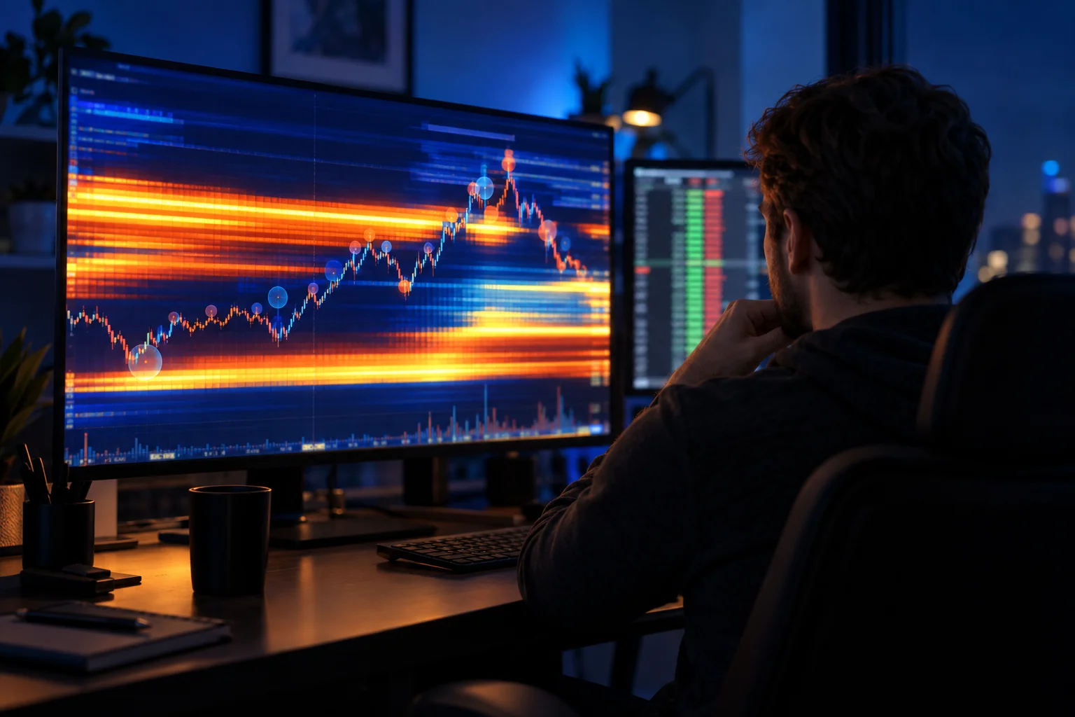 Best prop firms that use Bookmap: a futures trader at a dark desk watching a glowing liquidity heatmap with bright bands and volume bubbles