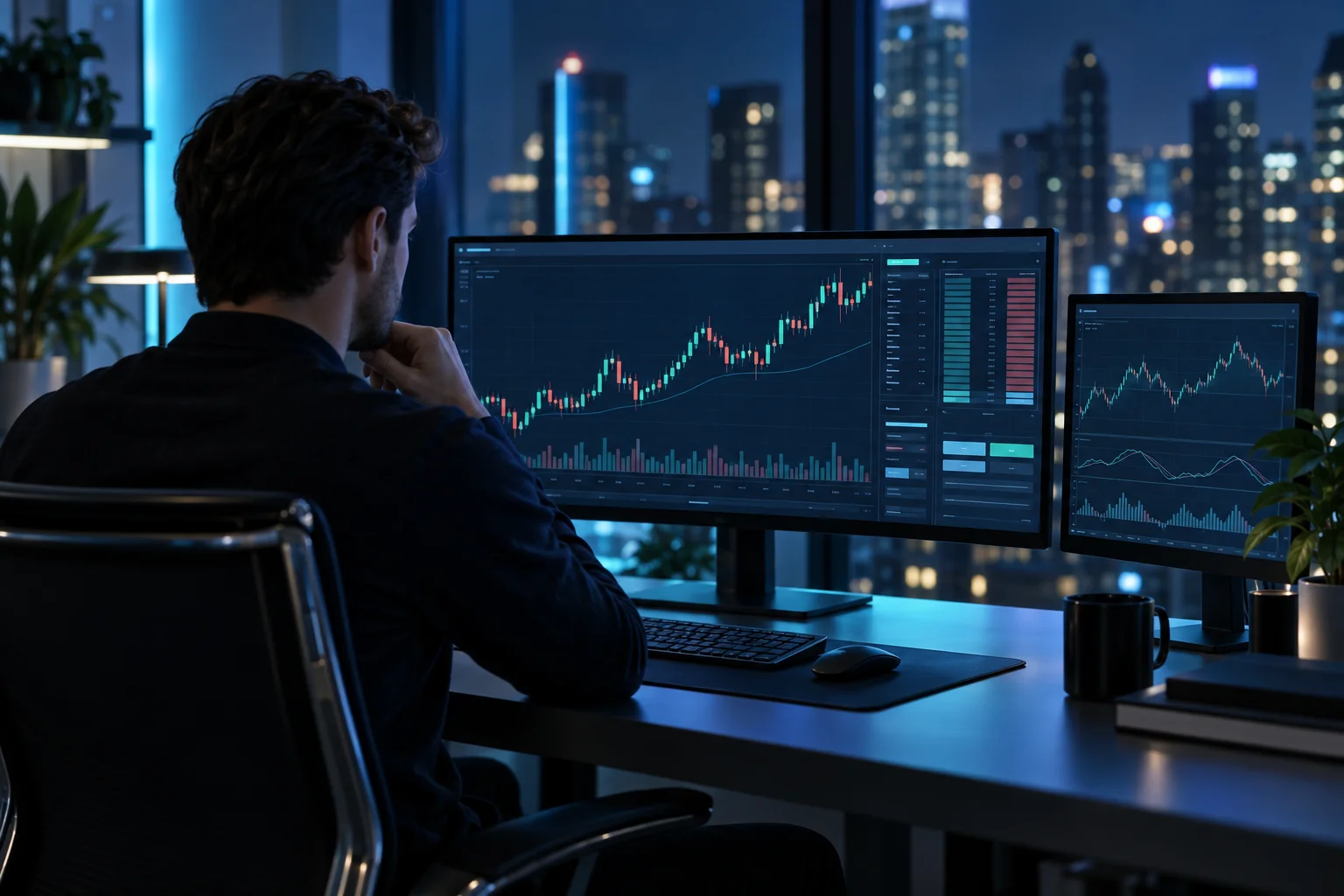 Prop firms with cTrader: a forex trader at a desk at night with a cTrader-style charting platform on dual monitors