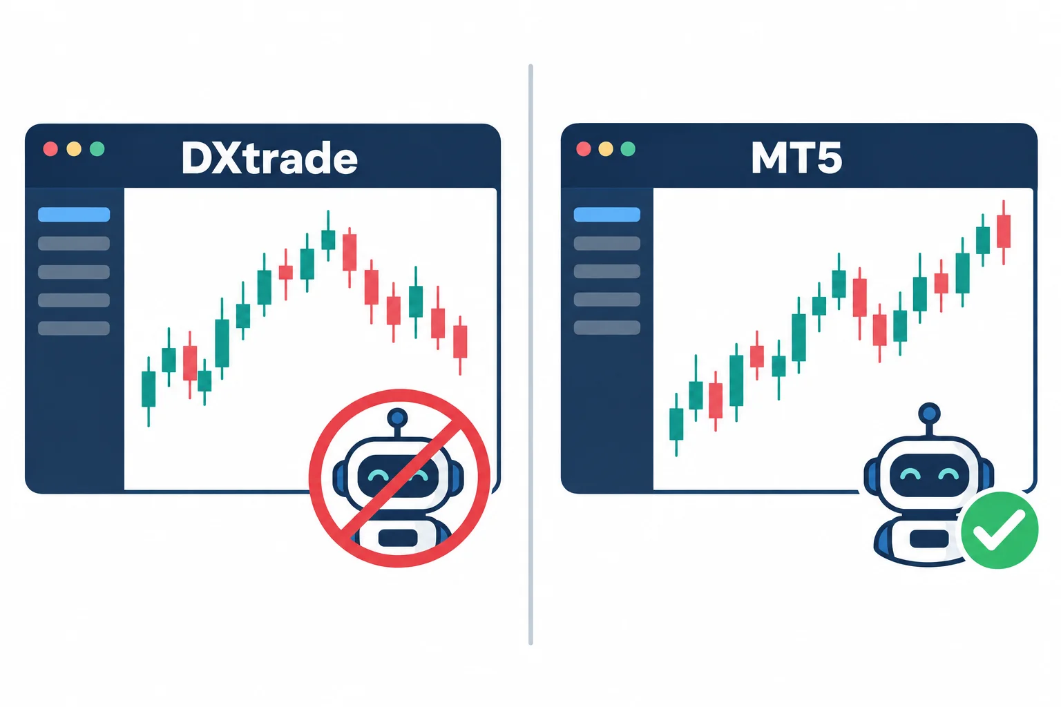 Prop firms that use DXtrade versus MT5: two trading terminals side by side, with a crossed-out robot on the DXtrade side