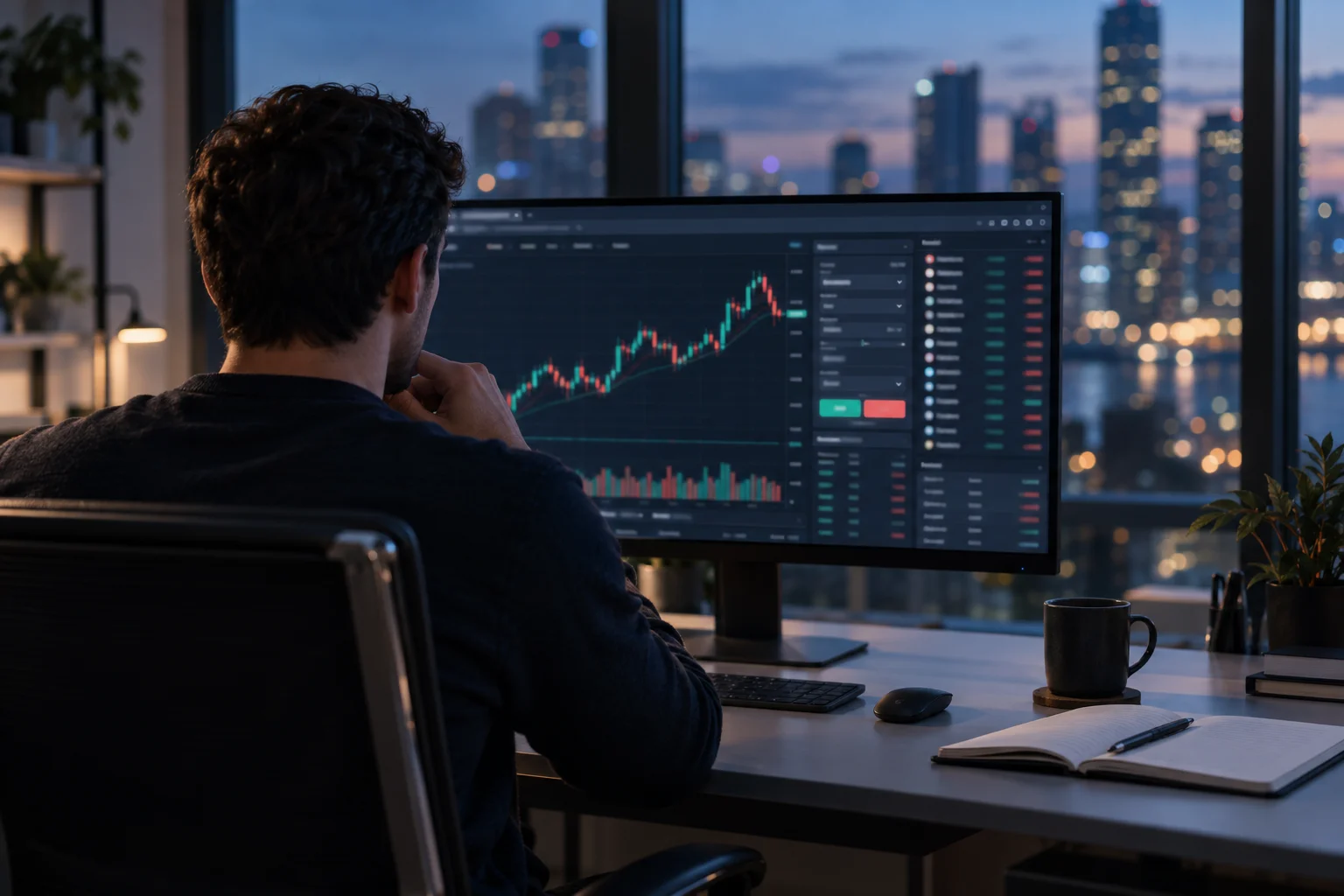 Prop firms that use DXtrade: a trader at a desk in the evening with a web trading terminal open on a large monitor
