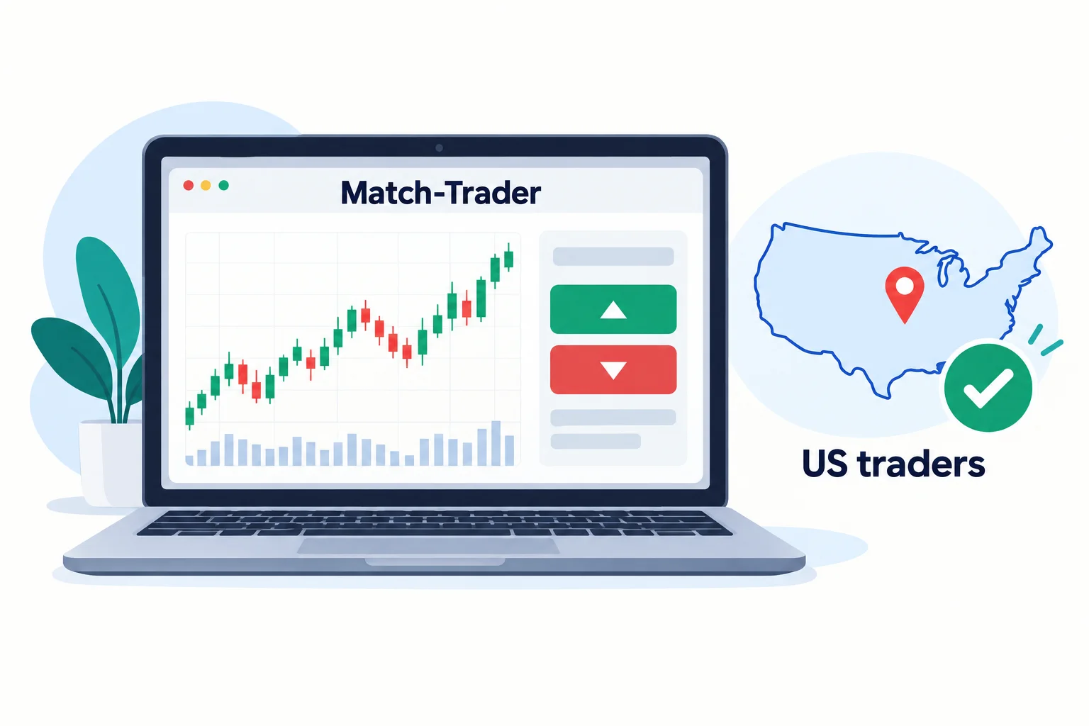 Match-Trader prop firms and US traders: a web trading platform labelled Match-Trader on a laptop beside a US map with a pin and a checkmark
