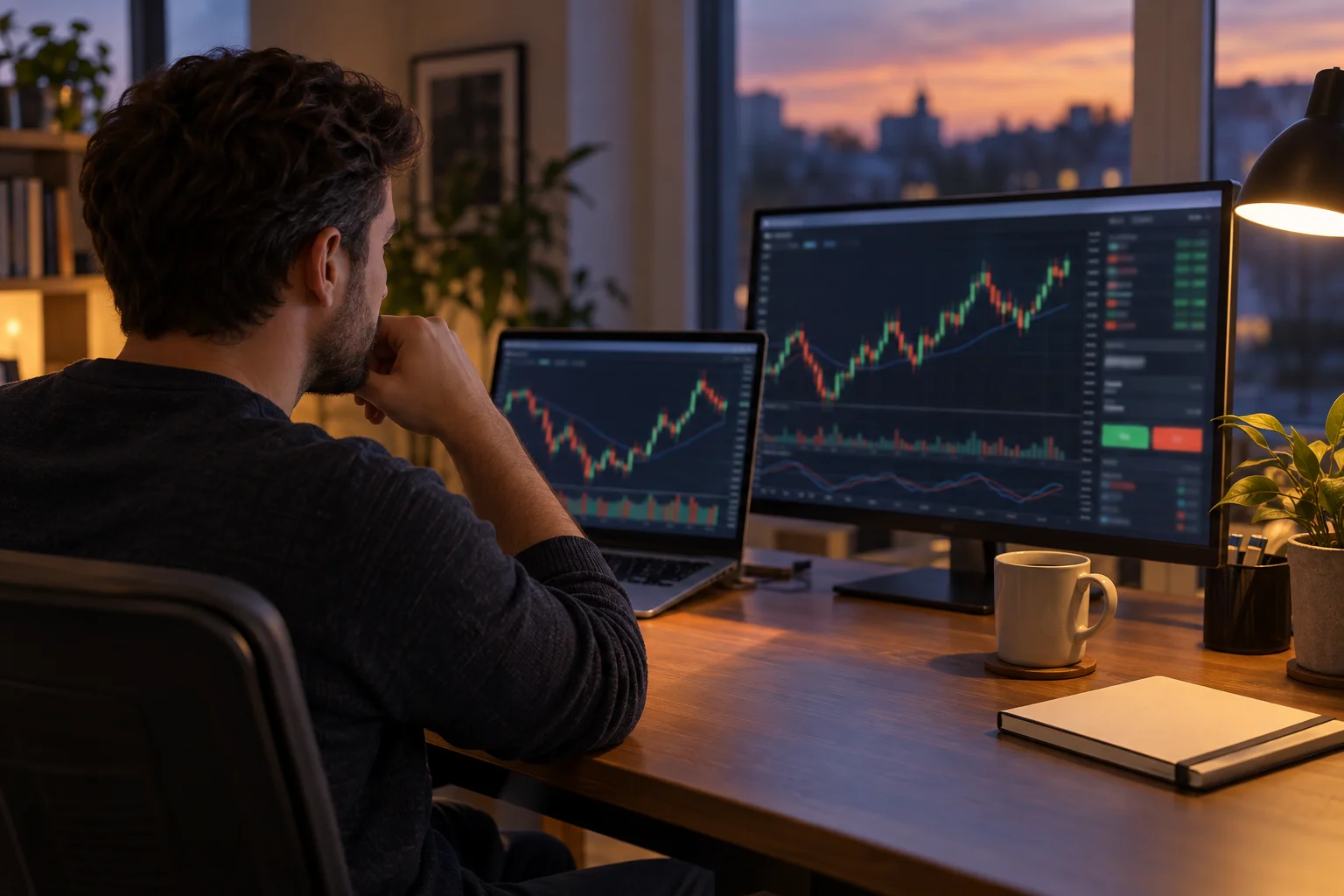 Best Match-Trader prop firms: a forex trader at home in the evening using a browser-based trading platform on a laptop and monitor