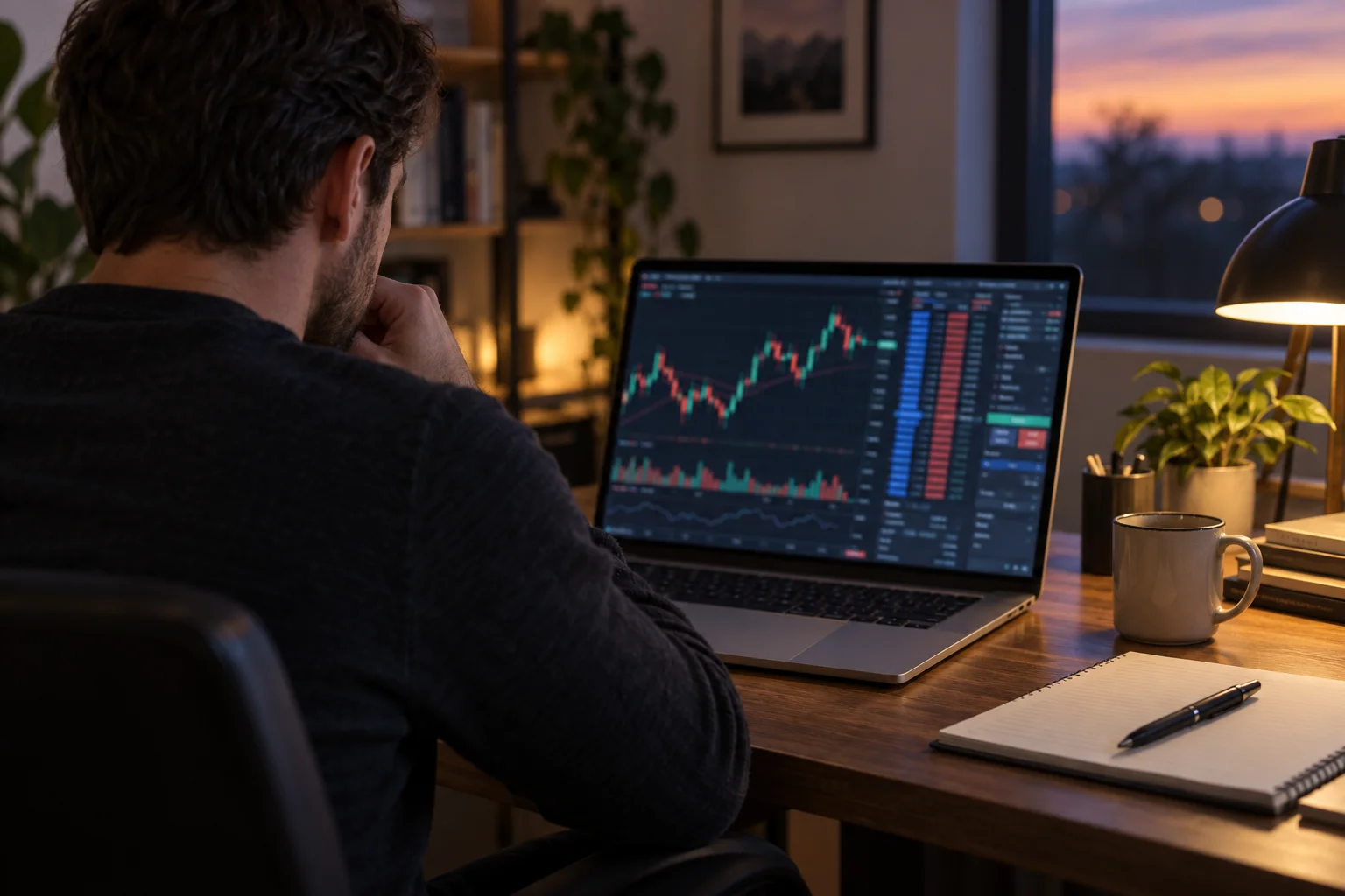 Best prop firms that use MotiveWave: a futures trader at a home desk at dusk working a charting platform with a price ladder on a silver laptop