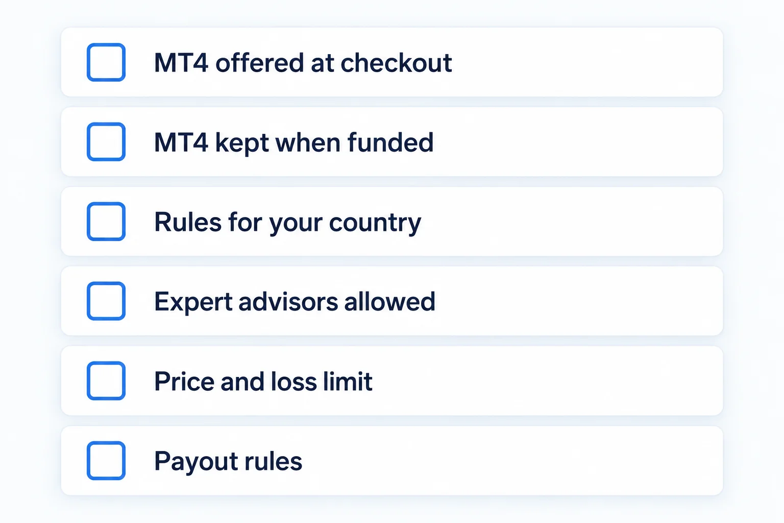 Checklist before buying an MT4 prop firm account: checkout, funded, country rules, EAs, price, payouts