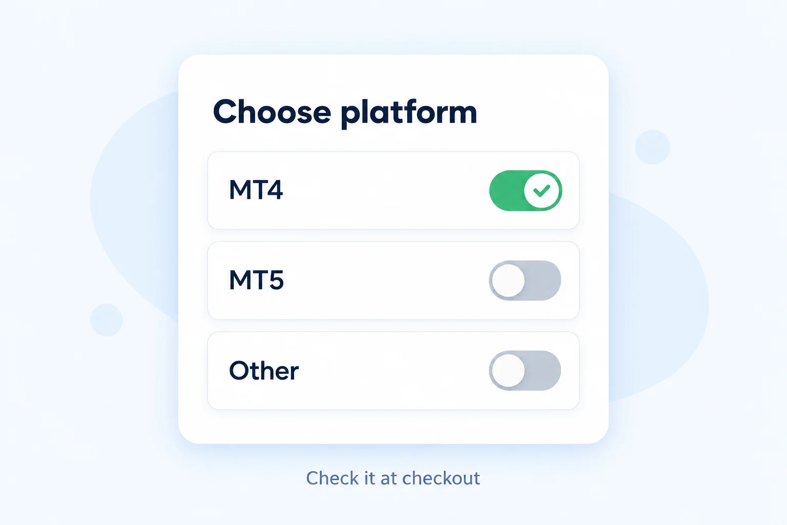 Choose platform checkout card with MT4 ticked over MT5 and Other, check it at checkout