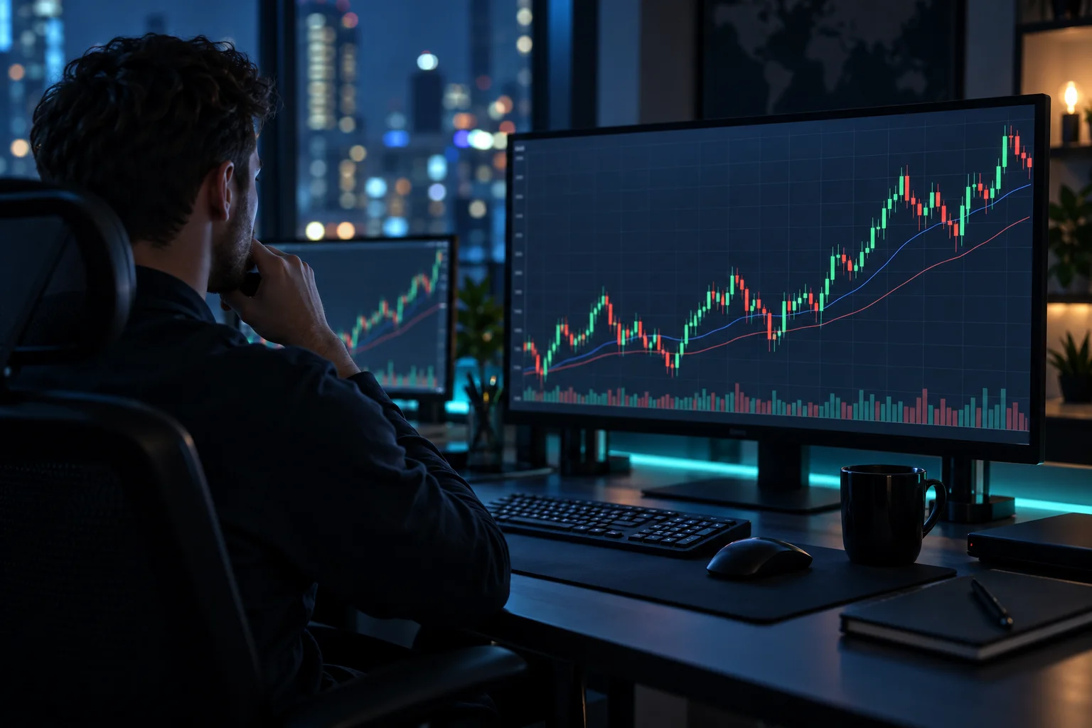 Prop firms that use MT4: a forex trader at a desk at night watching a candlestick chart