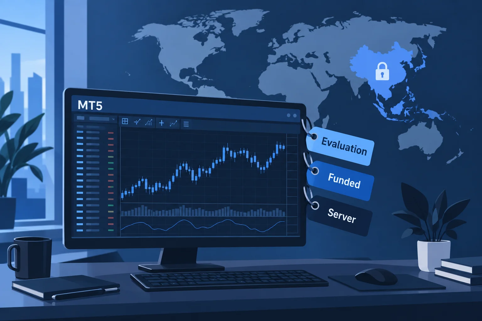 How MT5 access works at a prop firm: a trading terminal window labeled MT5 with tags for Evaluation, Funded and Server, and a world map with one region locked