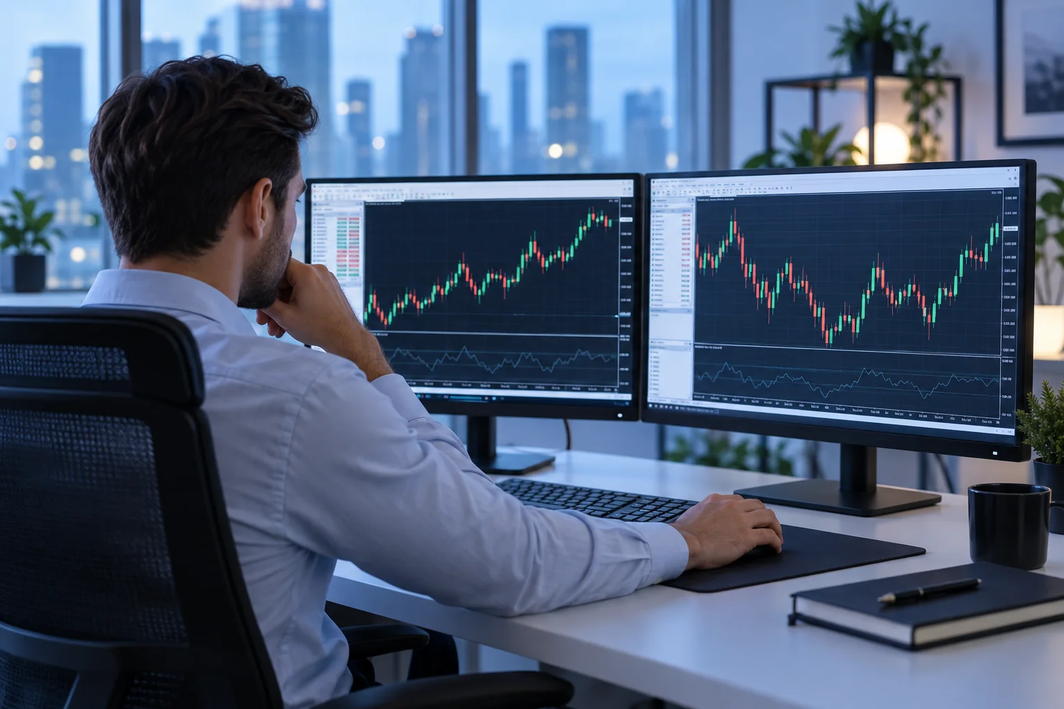 Prop firms that use MT5 guide: a forex trader at a two-monitor desk watching candlestick charts in a generic MetaTrader-style platform