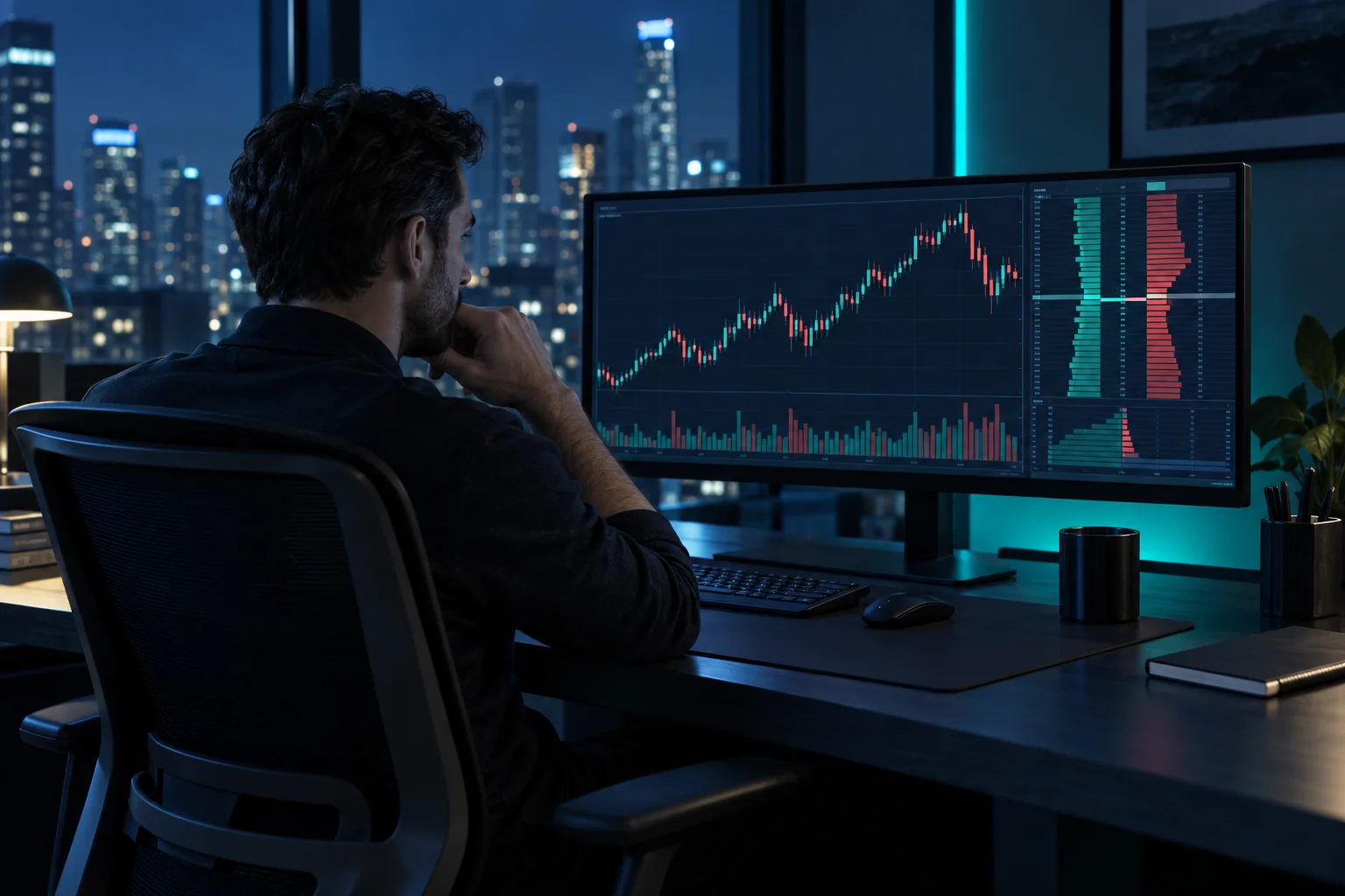Futures trader at a dark order-flow trading platform, illustrating prop firms that use NinjaTrader