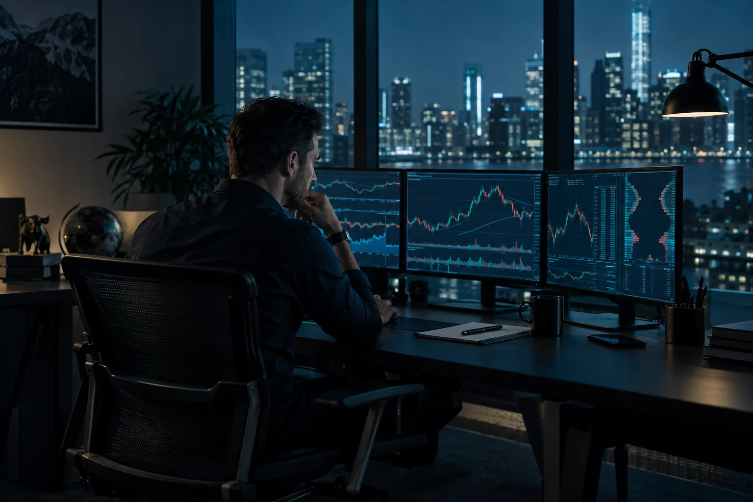 Prop firms that use ProjectX: a futures trader at a desk checking a trading platform before funding