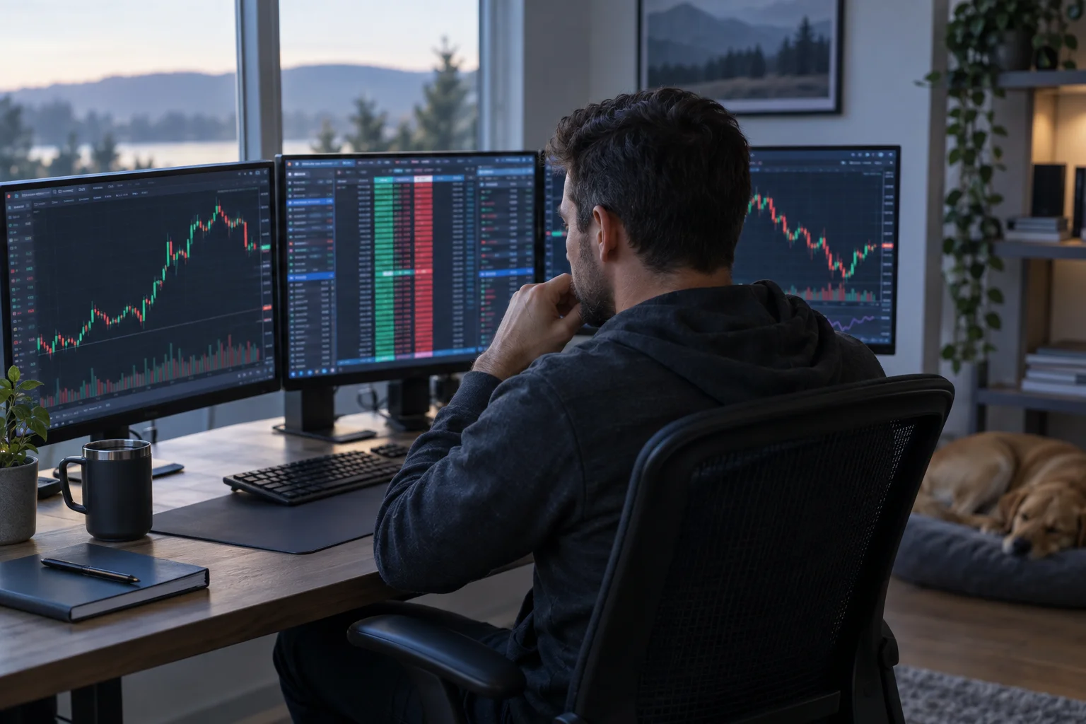 Best prop firms that use Rithmic: a futures trader at a Windows trading desk watches a depth-of-market ladder on the centre screen