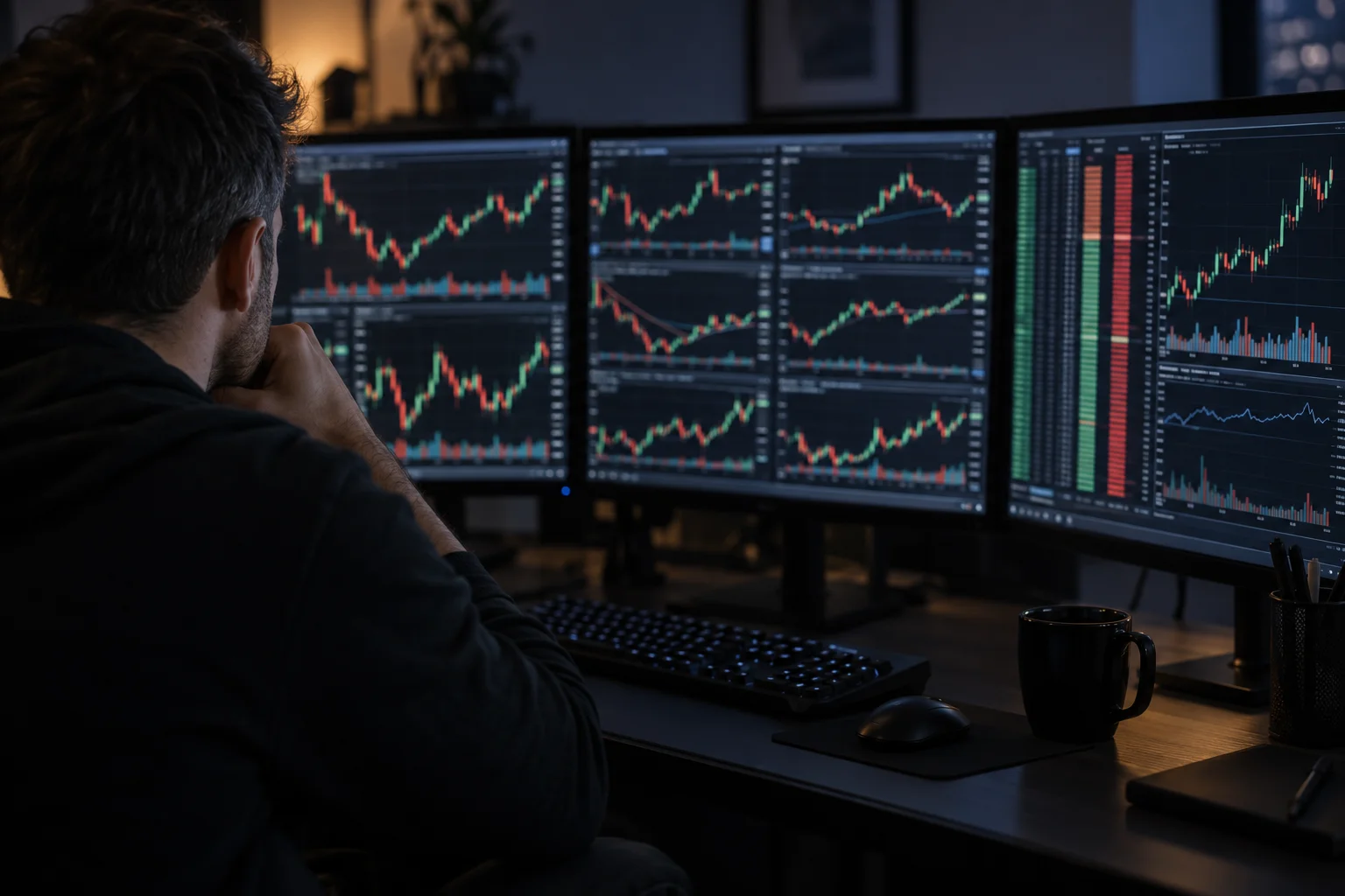 Best prop firms that use Sierra Chart: a futures trader at a dark desk with several monitors full of charts and a price ladder